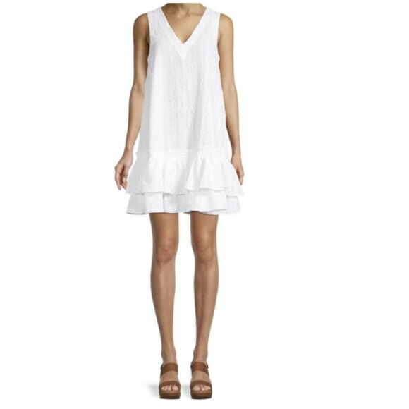 Calvin Klein New Ruffle-Hem Mini A-Line Tiered Ruffle White Boho Dress - Picture 1 of 8